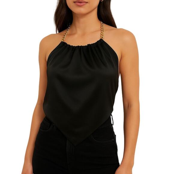 Olive Tree Black Halter Top With Gold Chain Strap Size Small - Picture 1 of 4